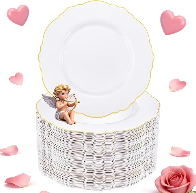 WDF 60pcs Gold Plastic Dinner Plates -10.25inch Baroque White and Gold Plates Fancy Heavy Duty Plastic Plates for Upscale Valentine's Day & Wedding & Birthday