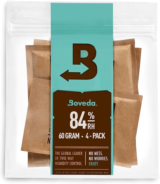 Boveda For Seasoning Two-Way Humidity Control Packs ??84% RH to Season a Wood Humidifier Box (Small- to Medium-Size, Up to 100-Count) ??Size 60 ??4 Pack in a Resealable Bag