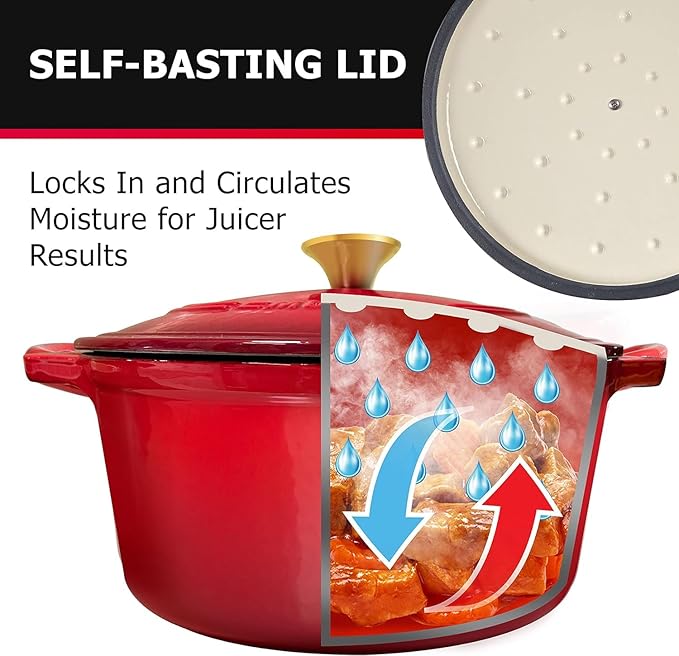 MUELLER HOME 4.5 QT Enameled Cast Iron Dutch Oven, Heavy-Duty Casserole Dish and Braiser Pan with Lid and Stainless Knob, Oven-Safe up to 500째 F & Across All Cooktops, Red