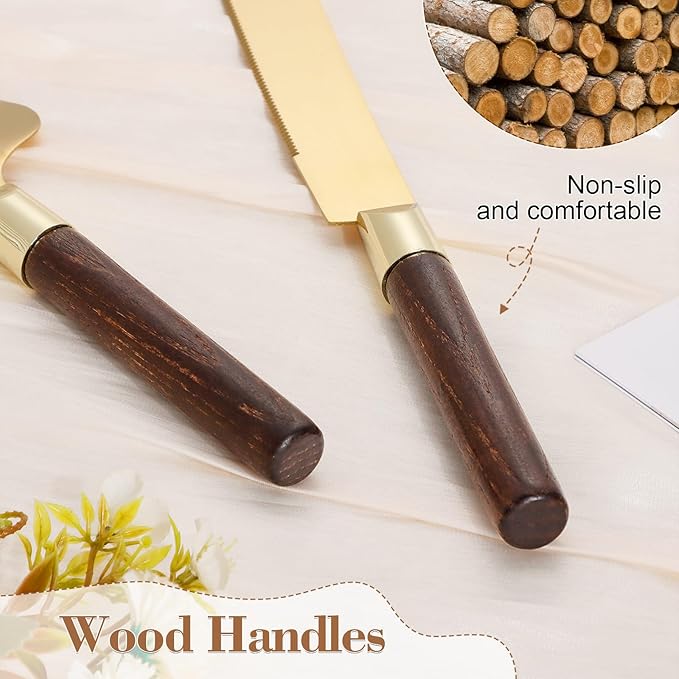 Gold Cake Cutting Set for Wedding, Wood Cake Knife and Server Set, Vintage 2-Piece Pie Cutter Set, Serrated Pizza Dessert Utensils, Bridal Birthday Quincea챰era Gift (Walnut color)
