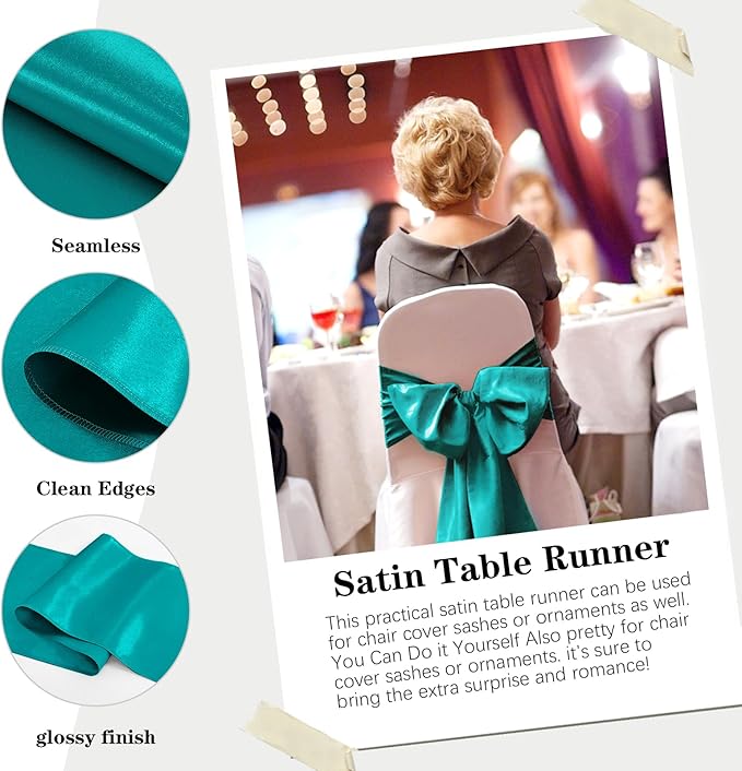 Yblut 10 Pack Satin Table Runner 12 x 108 Inch Long Peacock Blue Silk Table Runner for Wedding Party Banquet Birthday Decoration