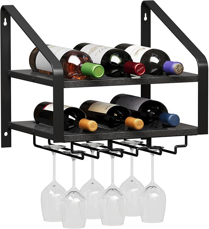 Wall Mounted Wine Rack for 6 Wine Bottles and 6 Glass Holder, 2-Tier Wall Wine Rack, Wood Wine Racks for Wall, Wood-Metal Wine Bottle Holder for Home Bar, Wine Kitchen Storage (Black)