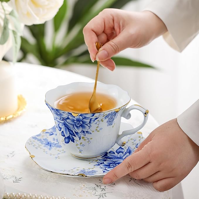 TATSUMI Country Roses 18 Peices Bone China Tea Cup And Saucer Set, English Vintage Tea Cups Of 6 For Women And Tea Party Sets(Rose Blue,6 Sets)