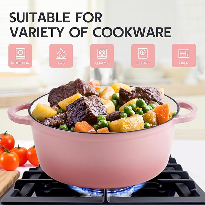 6 Quart Dutch Oven Enameled Cast Iron with Lid - Big Dual Handles - Oven Safe up to 500째F - Classic Round Pot for Versatile Cooking (Pink, 6 QT)