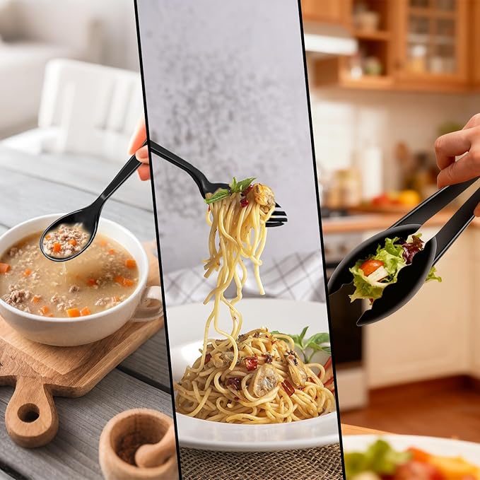 Reusable Serving Utensils Set 24 Pcs - 8 Heavy Duty Plastic Tongs, 8 Spoons & 8 Forks | Dishwasher Safe Buffet & Party Supplies for Wedding, Catering, Holidays