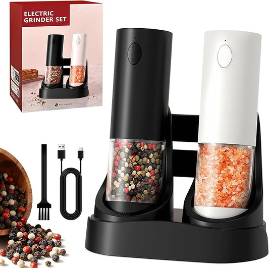 Electric Salt and Pepper Grinder Set - Rechargeable Battery Operated, Adjustable Coarseness, LED Light, Stainless Steel & Glass Body - Spice Mill for Kitchen, Dining Table