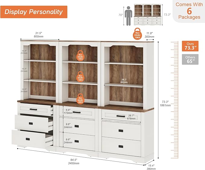 WAMPAT 3 Column 3 Tier Pantry Cabinet with Drawer,73.3" Tall Floor Standing Cupboard,Modern Farmhouse Display Kitchen Buffet with Adjustable Shelves for Dining Room,Living Room,Rustic White