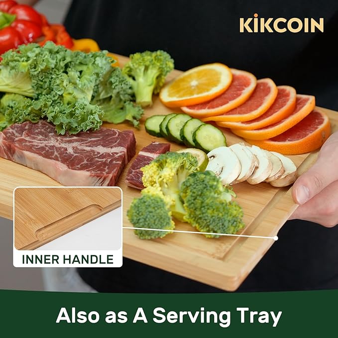 Bamboo Cutting Boards for Kitchen, Extra Large Wood Cutting Board with Deep Juice Groove and Handle Heavy Duty Chopping board, Kikcoin, 20" x 14"