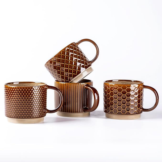 GBhome 8 OZ Stackable Coffee Mugs, Ceramic Coffee Mugs with Texture Patterns for Man,Woman,Dad,Mom, Modern Coffee Cups Set of 4 for Espresso/Cappuccino. Dishwasher&Microwave Safe,