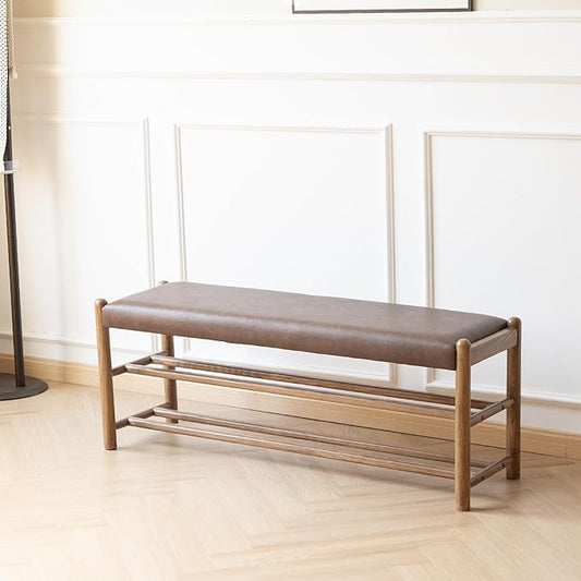 XINNAN Solid Wood Entryway Bench with Shoe Storage, Rustic Oak Wood and PU Leather 45 Inch Long Seating for Living and Dining Rooms, 3-Tier Brown