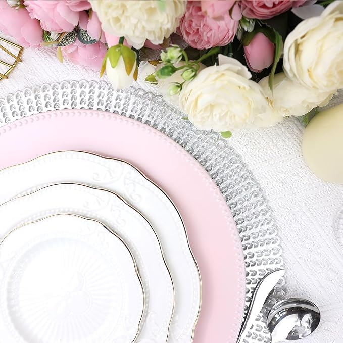 Set of 12 Plastic Pink Charger Plates, Elegant Chargers for Table Dinner Decoration, Wedding, Holiday,13"