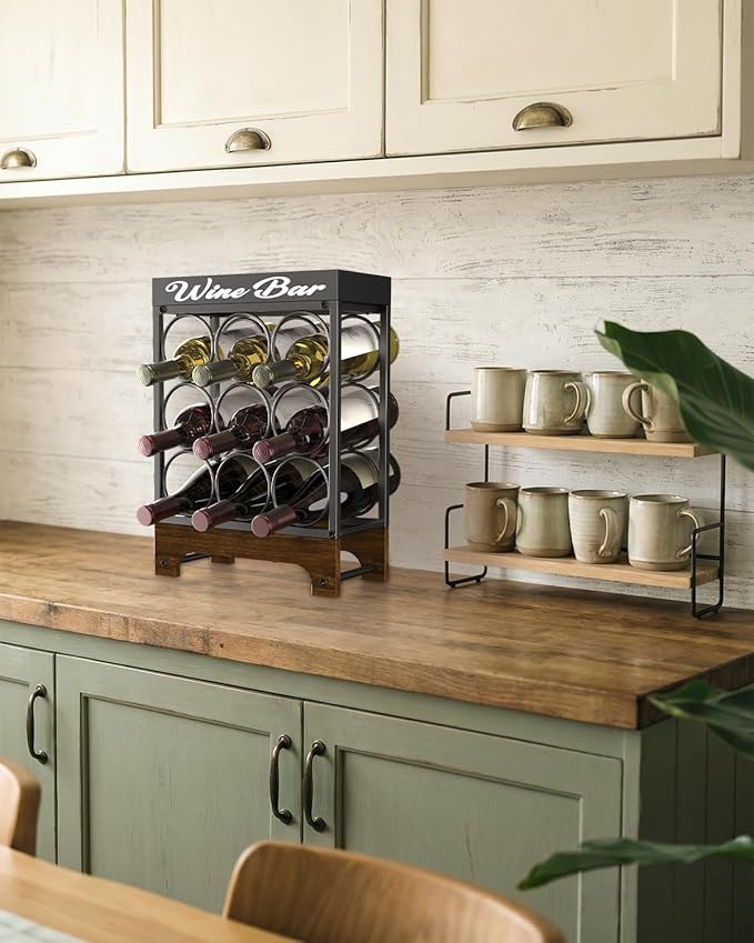 Countertop Wine Rack - 9 Bottle Freestanding with Top Tray, Modern Black Metal &Wood, 3 Tier Tabletop Wine Holder Stand for Home Kitchen Bar, Cabinet, Pantry, Wine Bottle Storage