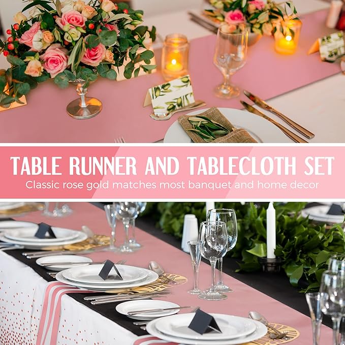 Tudomro 16 Pcs White and Rose Gold Disposable Plastic Tablecloths and Satin Table Runner Set 54x108 Inch Tablecloth 12x108 Inch Table Runners for New Year Wedding Birthday Baby Shower Graduation
