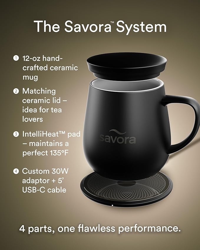 12oz Heated Coffee Mug | Barista?셲 Choice | Exclusive Wireless IntelliHeat Pad | Temperature Control Maintains 135째F | Hand-Crafted Ceramic Mug & Lid | Great for Tea Drinkers | Backed for Life - Black