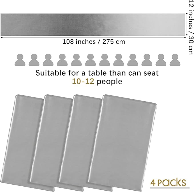 Aneco 4 Pack Satin Table Runner 12 x 108Inch Long Bright Silk and Smooth Fabric Party Table Runner for Wedding Banquet Party Decoration-Silver Gray
