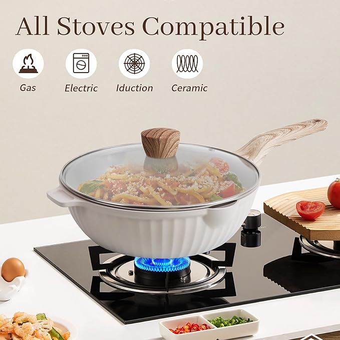 Pots and Pans Set Non Stick, 13Pcs Kitchen Cookware Sets, Granite Stone Induction Cookware Non Stick Cooking Set w/Frying Pans, Saucepans, Saut챕 Pan (PFOA Free), Cream White