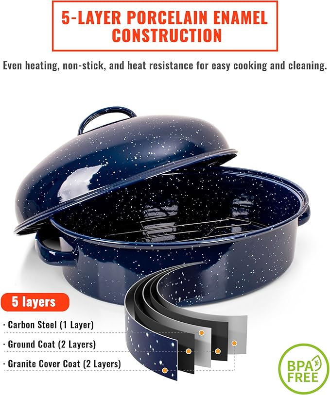 Roasting Pan with Lid and Rack 18" Deep Large Oval Enamel Roaster Pan, Oven Dishwasher Safe Non-Stick Non-Toxic Roast Pot for Turkey Ham Steak Roasts & Bread, Wife's Christmas Gift