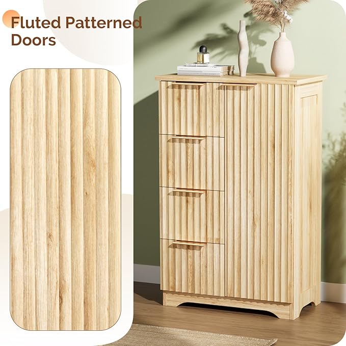 VINGLI Fluted Sideboard Buffet Cabinet, Modern Wood Storage Console with Doors and Drawers, Multi-Function Storage Cabinet for Living Room, Dining Room, Kitchen,Oak