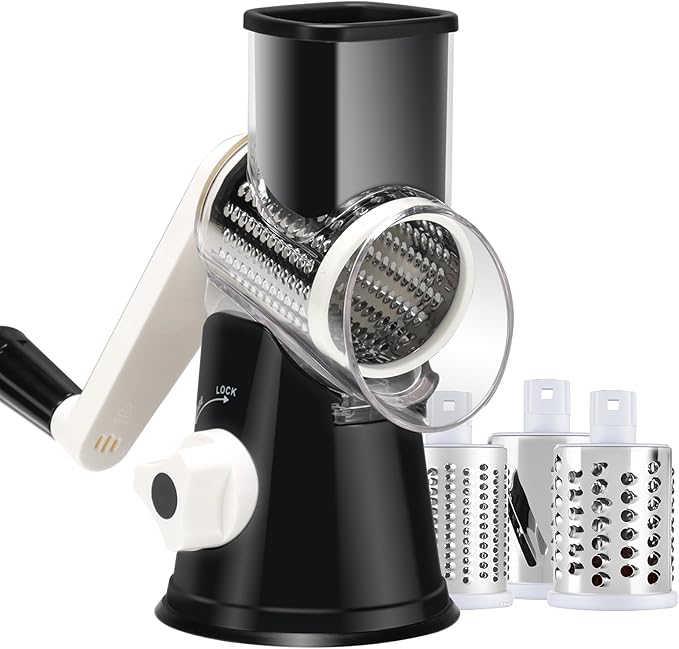 Ancevsk Cheese Grater Hand Crank, Rotary Vegetable Shredder with Handle and Strong Suction base, 3 in 1 Kitchen Speed Spin Veggie Slicer Nut Grinder for Pizza Top, Hash brown, Salad and More (Black)