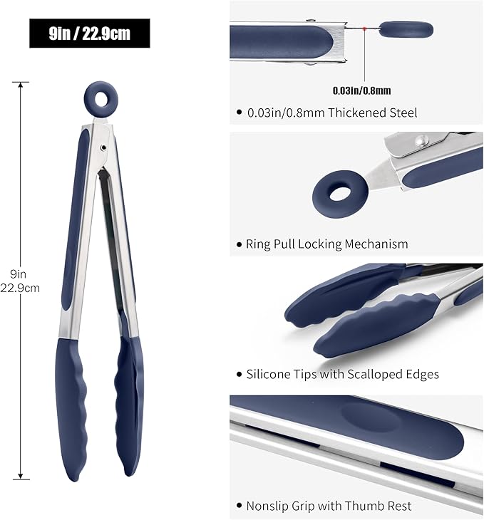Doosu Kitchen Tongs for Cooking - 600째F Heat Resistant Food Tong with Non-Scratch Silicone Tips, Heavy Duty Stainless Steel Locking Tong for BBQ, Grilling Steak, Serving Salad Pasta (9in, Navy Blue)