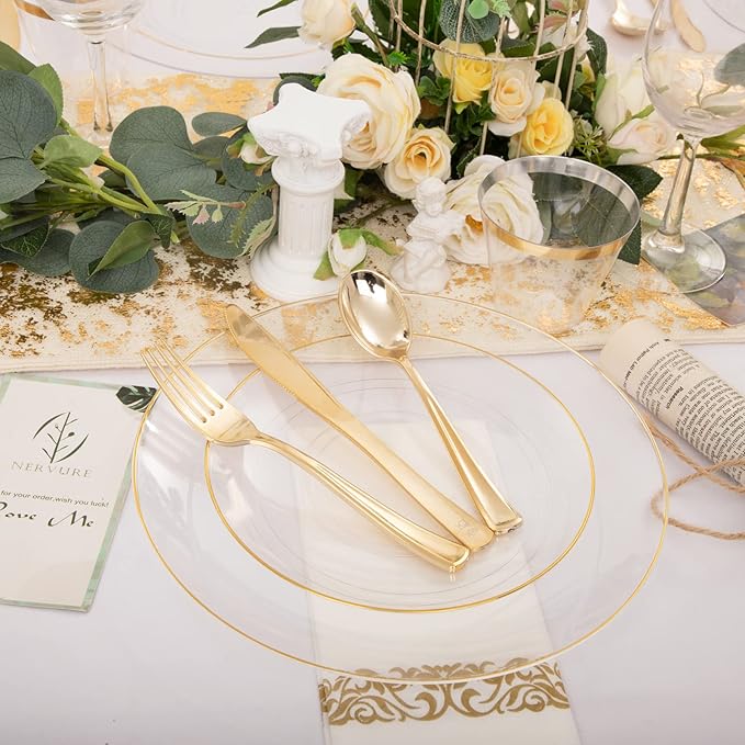 Nervure 100 Pieces Clear and Gold Plastic Plates - 10.25inch Gold Dinner Plate - Heavyweight Clear Disposable Plates Ideal for Party & Wedding & Thanksgiving