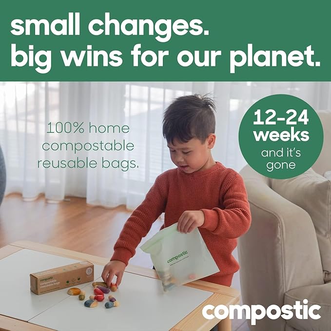 Compostic Home Compostable Resealable Snack Size Bags, Microwave & Freezer Safe, Organic Food Storage Container, 90 Count + 10 Bonus Bags