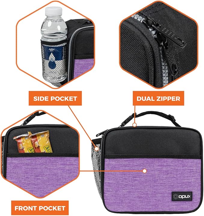 opux Insulated Lunch Bag Kids, Lunch Box for School Boy Girl, Leakproof Small Reusable Compact Soft Mini Cooler Bag, Toddler Small Lunch Boxes Kit Pail with Front Side Pockets (Purple)
