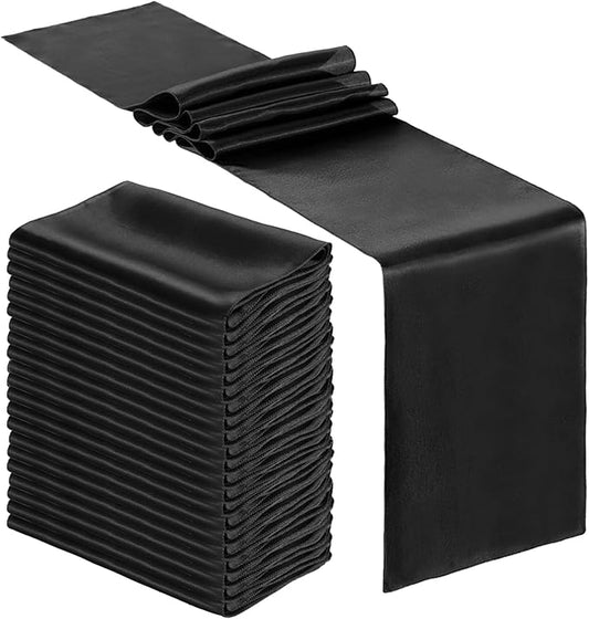 Bencailor 12 Pcs Black Satin Table Runner Bulk 12 x 108 Inches Long Table Runners Bright Smooth Fabric Tablecloth for Wedding Banquet Birthday Valentines St Patrick's Day Party Decorations