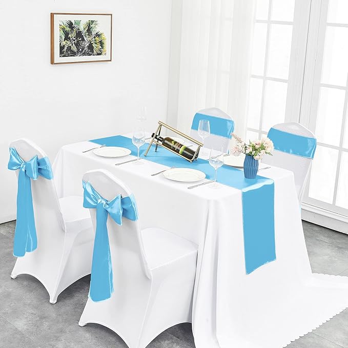 10-Pack Blue Satin Table Runner 12 x 108 Inch Long Bright and Smooth Silk Fabric Table Runner for Wedding Banquet Birthday Party Decoration