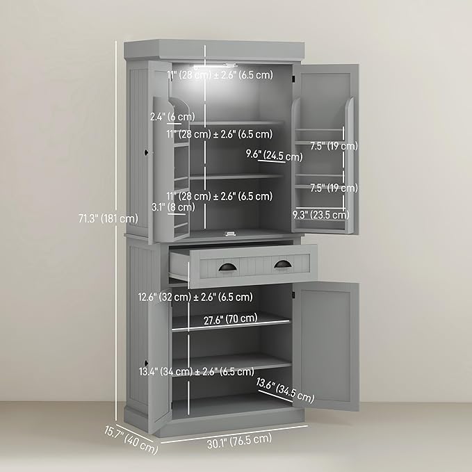 HOMCOM 71" Kitchen Pantry Cabinet with LED Motion Sensor Light, Tall Storage Cabinet with 6 Door Shelves, Drawer & Adjustable Shelves, for Living & Dining Room, Gray