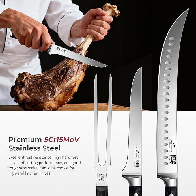 SHAN ZU 3Pcs Carving Knife Set with Sheath ??for Turkey, Meat, BBQ, Brisket, Razor Sharp Slicing Knife, Professional 5Cr15MoV Stainless Steel, Ergonomic Full Tang Wood Handle, Gift Box Included