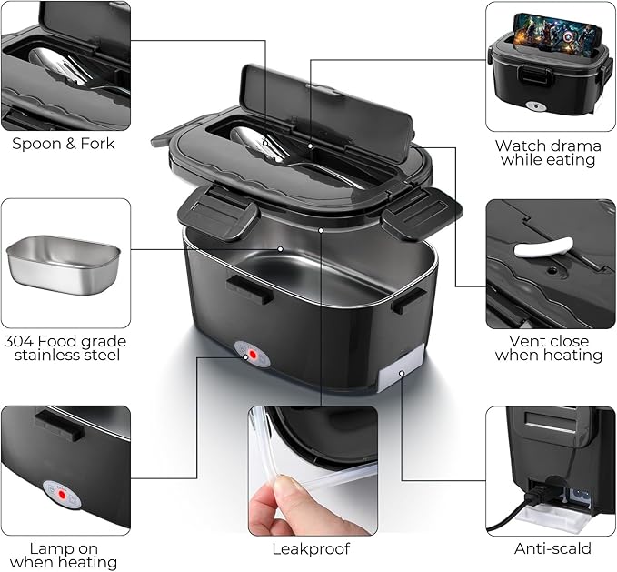 Vidaskeci Electric Lunch Box For Adults, 80W Heated Lunch Box 1.5L Stainless Steel Heatable Lunchbox For Men, 12V/24V/110V Portable Food Warmer For Car Truck Work竊똄lectric heating lunch box