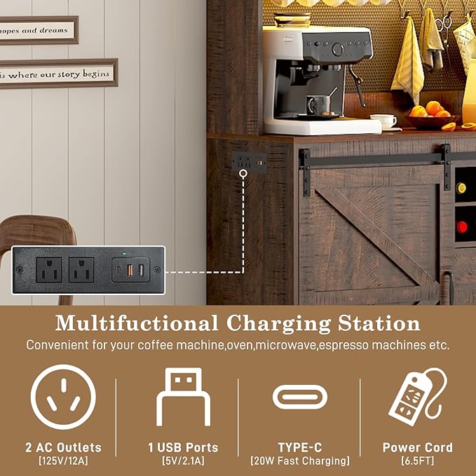 74" Tall 63" Wide Large Coffee Bar Cabinet w/ Outlet,6000-color LED Light,Pegboard,Farmhouse Hutch Cabinet w/Barn Door,2 Big Drawers,Adjustable Shelves,10 Wine & Glasses Rack,5 Hook for Kitchen,Brown