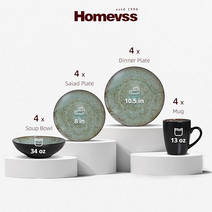 Stoneware Dinner Set Reactive Glaze (16pc Set, Java Green)