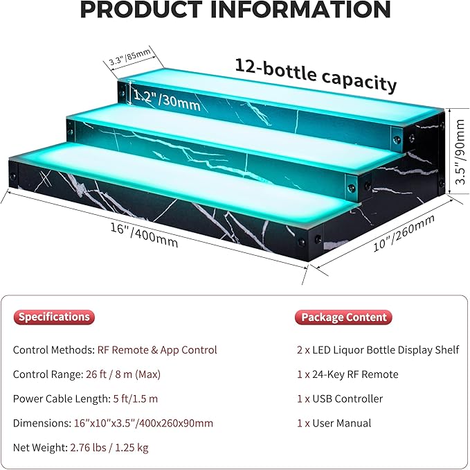 Lighted Liquor Bottle Display Shelf 2-Pack, RGB 3-Tier Bar Shelf with Music Sync, Black Marble-Look Finish on Wood, Remote & App Control, USB Powered for Home Bar & Party