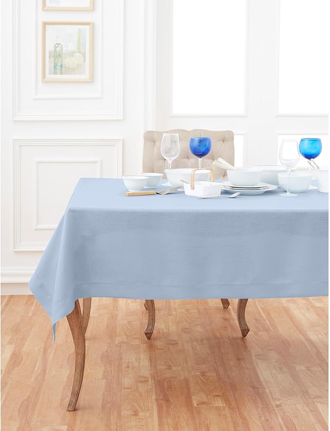 Solino Home Linen Tablecloth 60 x 144 Inch - Classic Hemstitch 100% Pure Linen Sky Blue Table Cloth for Rectangle Tables - Machine Washable Tablecloth for Spring, Easter