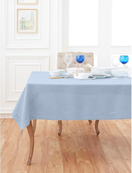 Solino Home Linen Tablecloth 60 x 144 Inch - Classic Hemstitch 100% Pure Linen Sky Blue Table Cloth for Rectangle Tables - Machine Washable Tablecloth for Spring, Easter
