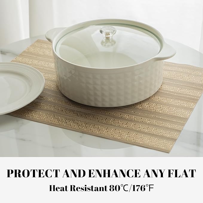 SUMYMERY Placemats Set of 12 Vinyl/Plastic Woven Place Mats for Kitchen Table Indoor/Outdoor Washable Placemat Wipeable Dining Table Mats (Aurora Gold,12)