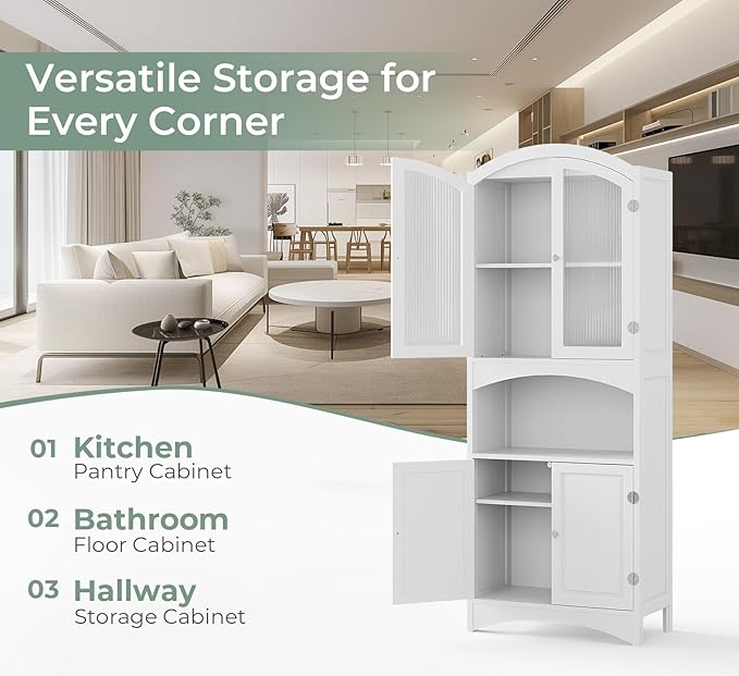 Kitchen Pantry Cabinet, Upgraded All Painted Tall Bathroom Cabinet, Modern White Kitchen Hutch W/Microwave Stand & Fluted Glass Doors, White Wooden Storage Cabinet for Living Dining Room