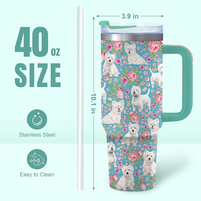 Yogusut Westie Gifts for Women, 40oz Stainless Steel Insulated Tumbler Travel Mug Cup with Handle Straw, Gifts for Dog Mom Dog Lover
