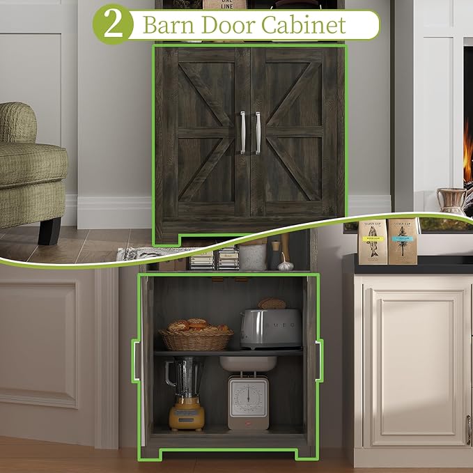 55" Tall Kitchen Pantry, Farmhouse Storage Cabinet with Doors, Shelves and Drawer, Rustic Wood Cupboard for Kitchen, Dining Room (Ash Grey)