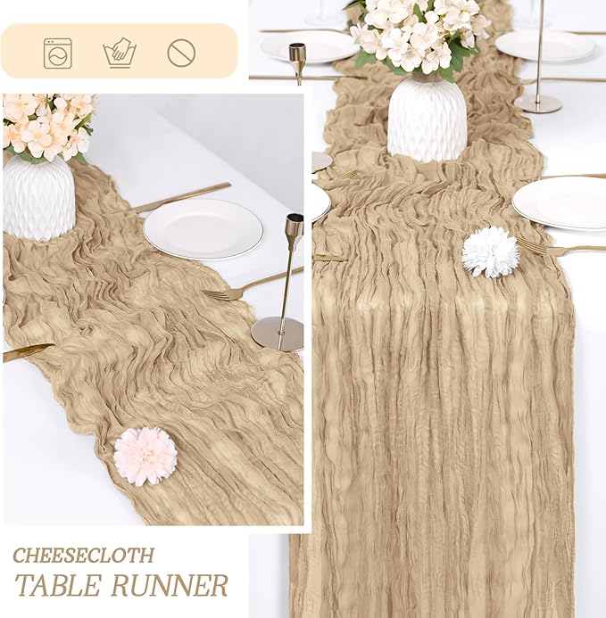 RealBox 3 Pack Beige Cheesecloth Table Runner 17x108 Inch Semi Sheer Boho Gauze Cheese Cloth Fabric Table Runners Table Decor for Wedding Party Baby Shower Birthday Home Decor Garden Farmhouse