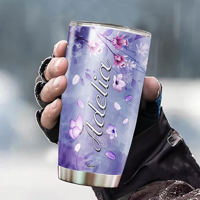 WAZONE Personalized Flower Tropical Insulated Tumbler Cup Custom Name Butterfly Purple Stainless Steel Travel Mug 20oz 30oz Mothers Day Birthday Christmas Gift For Women Girls Floral Lovers