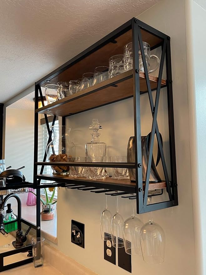 SSS Furniture Industrial Wine Rack Wall Mounted with 8 Stem Wine Glass Holder, 31.5in Hanging Wall Wine Rack Floating Bar Shelves, 3-Tier Wood Shelves Wine Shelf Home D챕cor Display Rack