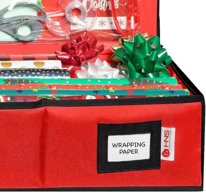 HOLDN??STORAGE Premium Wrapping Paper Storage Container - Durable 600D Tear-Proof, Fits 27 Rolls Gift Wrap, Extra Pockets for Ribbons & Bows, Underbed Storage - Ideal for Holiday Christmas, Red