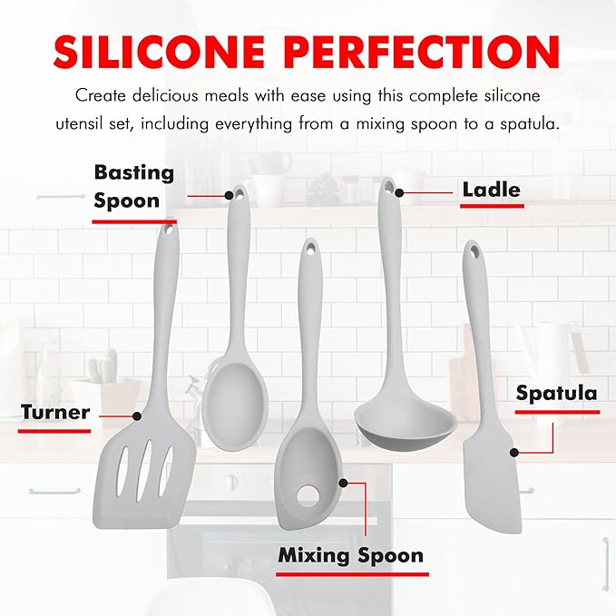 Chef Craft - Premium Silicone Kitchen Tools and Utensils Set, Non-Scratch, Withstands Temperatures up to 450째F, BPA-Free, 5 Piece Cooking Utensils Set, Gray