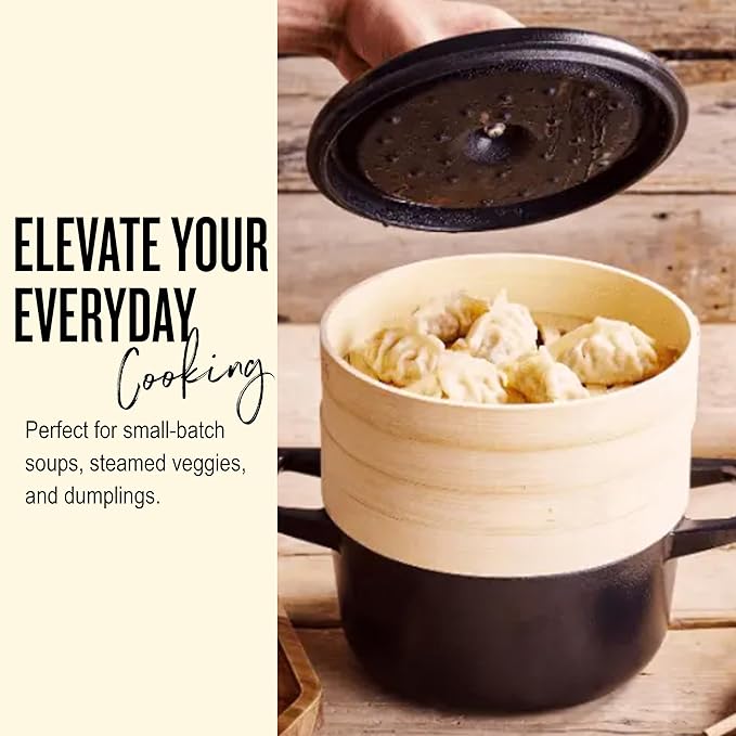 Alva Nori 2.5-Qt Enameled Cast Iron Dutch Oven Steamer Set ??Made With No PTFE/PFOA/PFAS, Oven & Induction Safe ??3-Layer Enamel, No Seasoning Needed ??Durable, Easy-Clean Cocotte with 2 Steamer Inserts