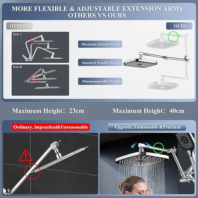 12 Inch Rain Shower Head with Handheld Spray Combo and Extention Arm, High Pressure Rainfall Waterfall Shower Heads, Dual Showerhead with 3-Way Diverter - Height/Angle Adjustable(Chrome)