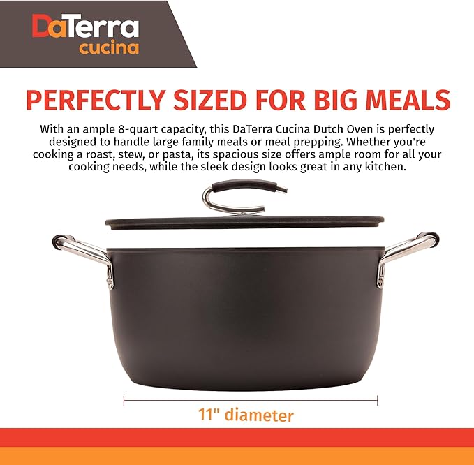 DaTerra Cucina ??8 Qt Nonstick Ceramic Dutch Oven with Lid ??Large Oven Safe Stock Pot, Induction Compatible, Lightweight, Lead & PFOA Free, Volcanic Black, Durable Nonstick Cookware ??Made in Italy