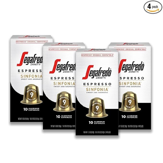 Segafredo Zanetti Espresso Capsules ??Aluminum Pods for Nespresso Original Machines ??Medium Roast Premium Espresso with a Sweet Aroma ??Subtle, Intensity 9 ??Sinfonia, 10 Count (Pack of 4)